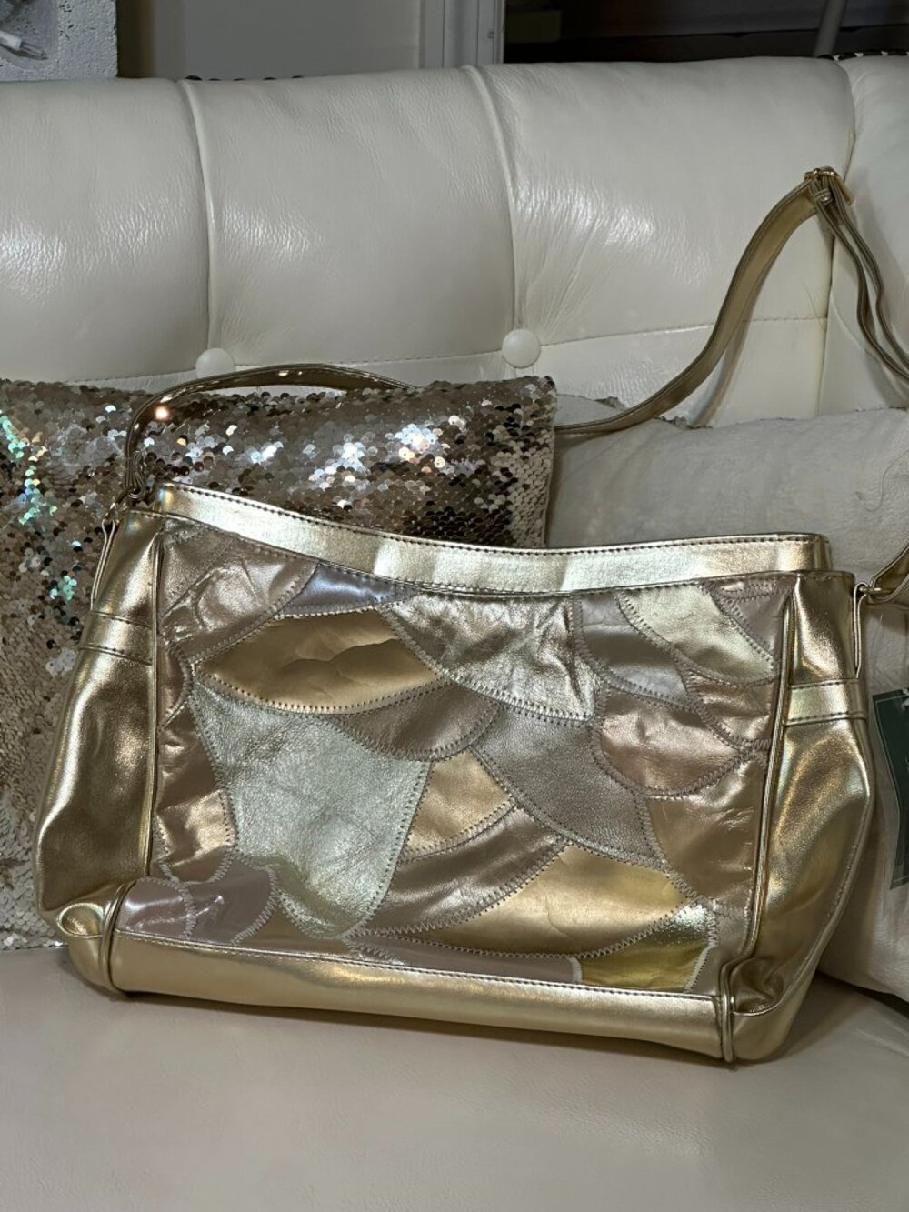NWT Four Seasons Gold Metallic Patchwork Leather Shoulder Bag Crossbody Y2K